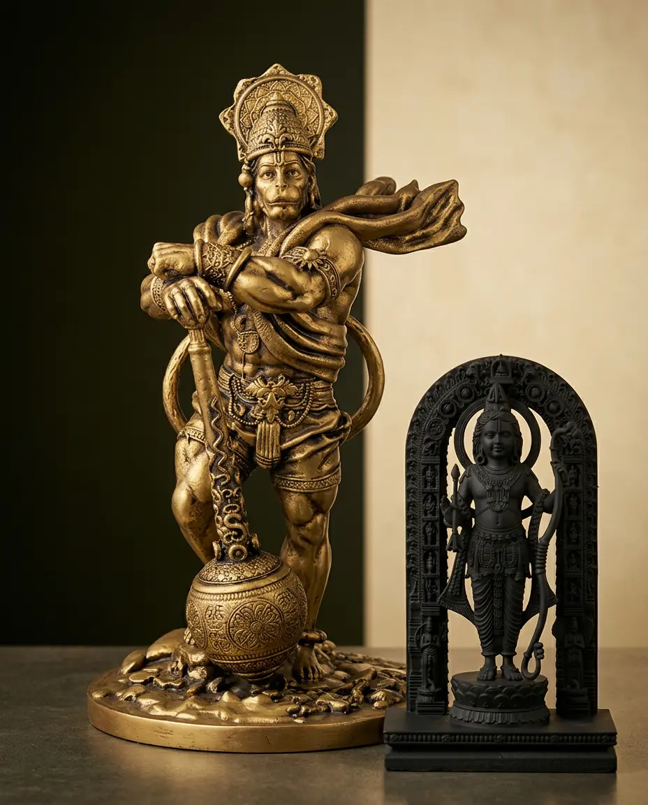 Bajrangbali with the smaller, dark-finish complimentary Ram Lalla miniature